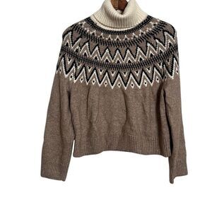H&M Jacquard Knit Fair Isle Turtleneck Pullover Sweater Tan Navy Size Small